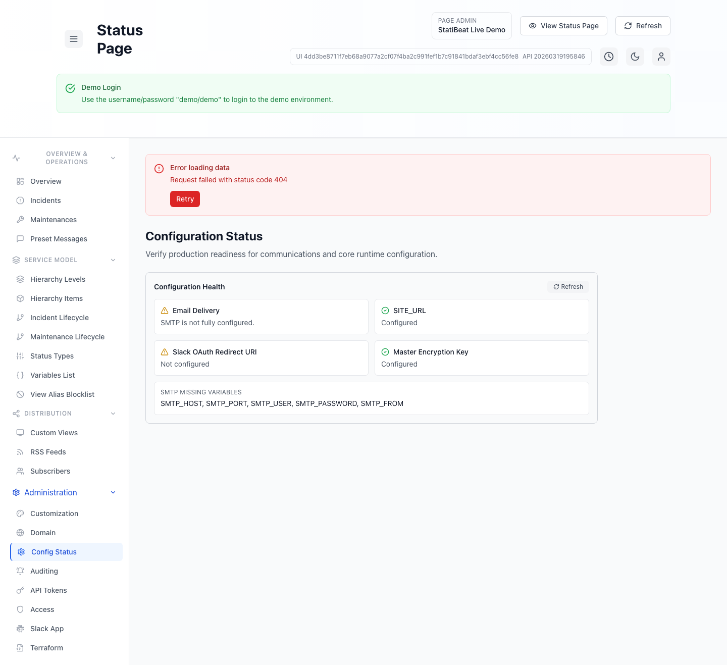 Configuration status in the live demo