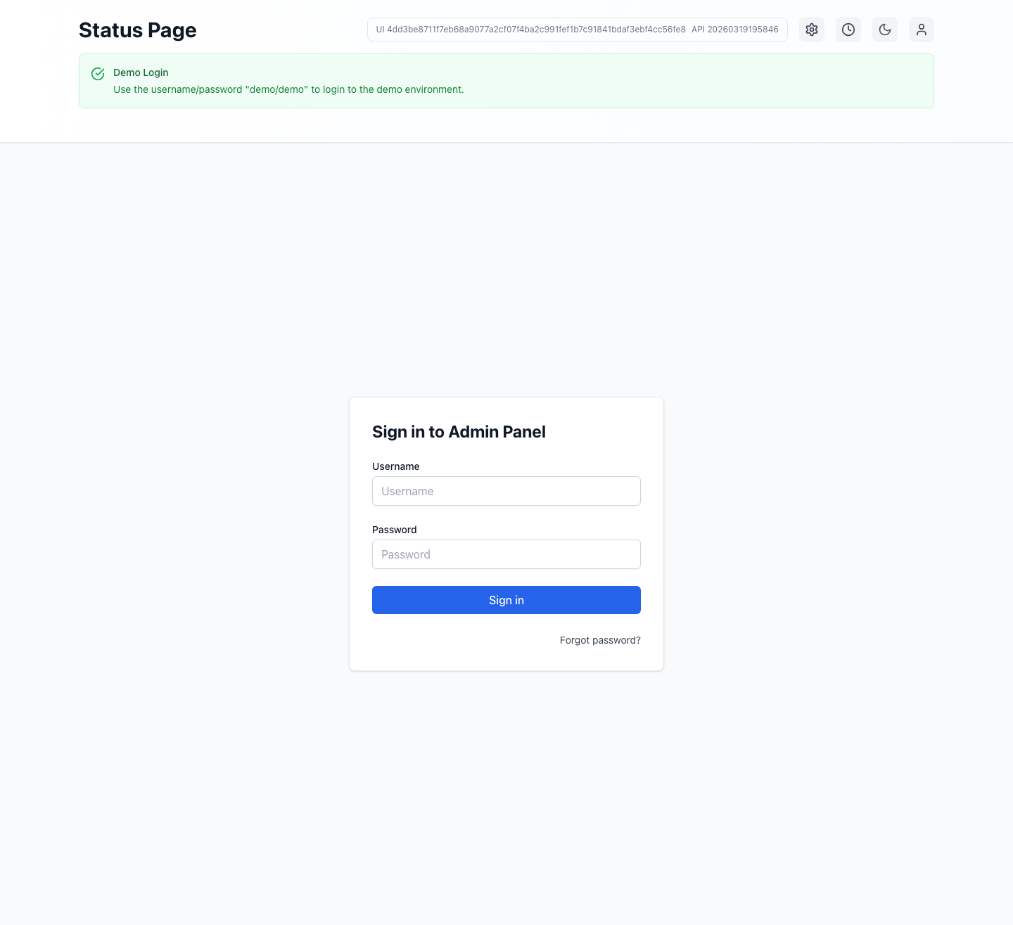 Demo login in the live demo