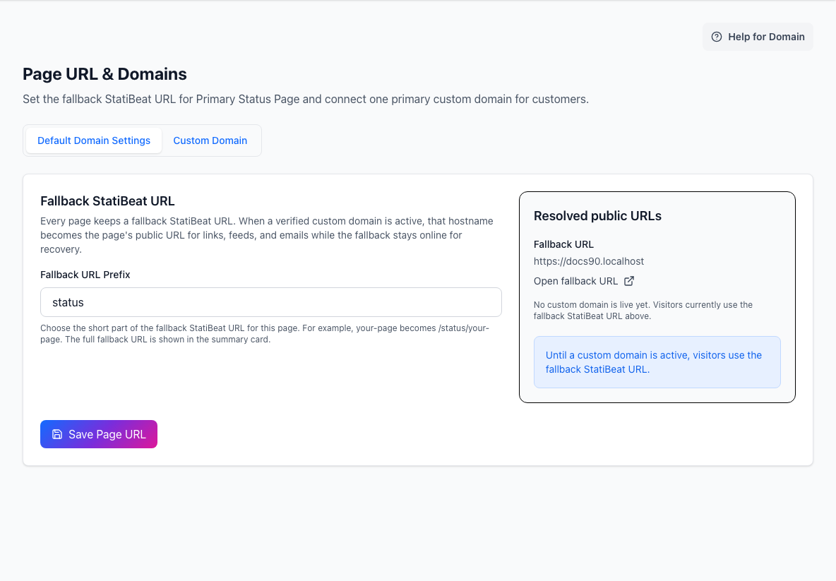Page URL and Domains settings with fallback URL and custom-domain tabs