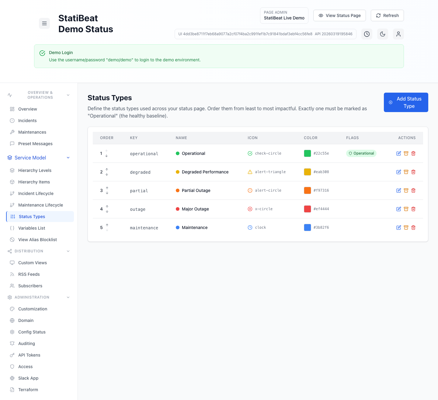 Status types in the live demo