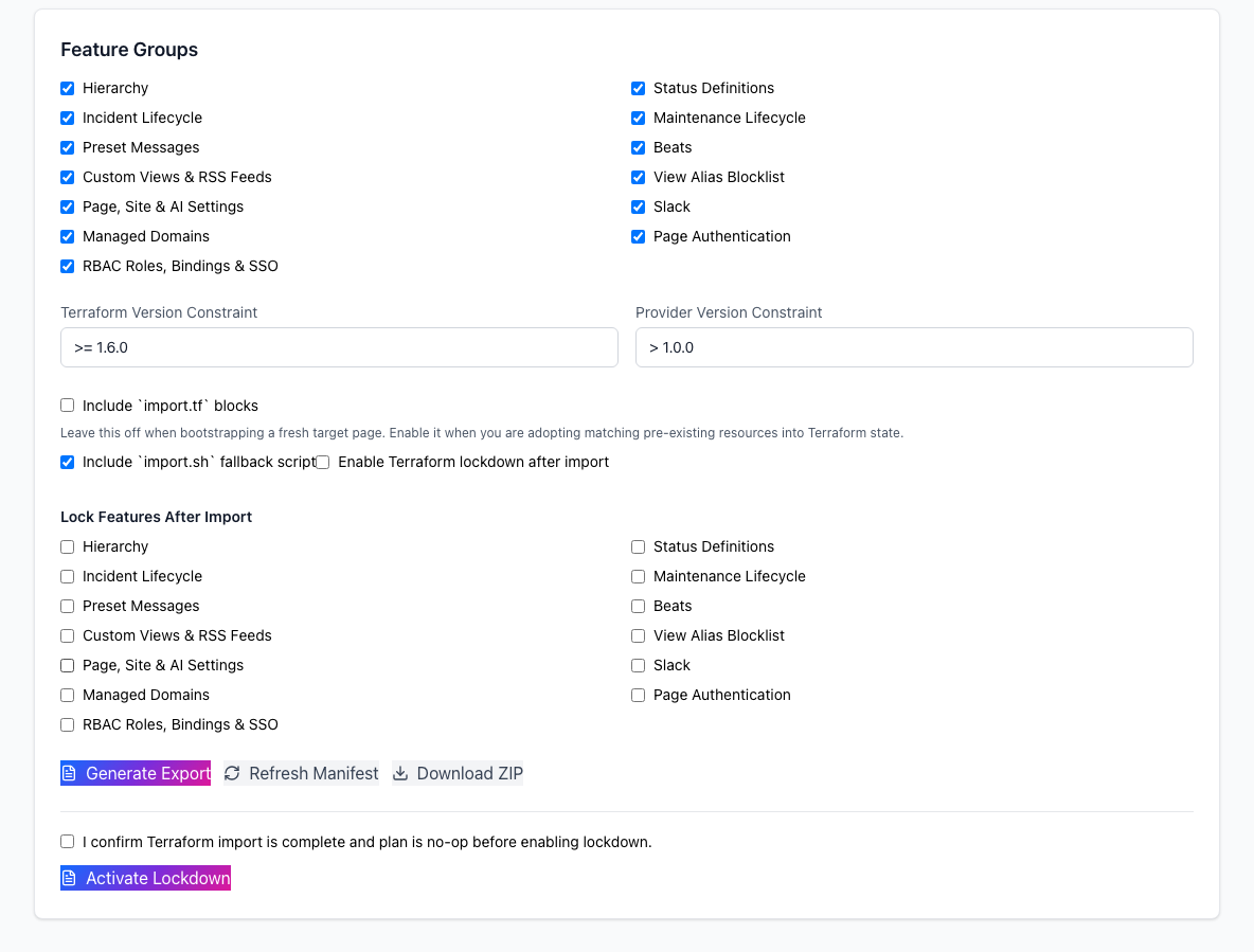 Terraform export options for feature groups, version constraints, import helpers, and lockdown
