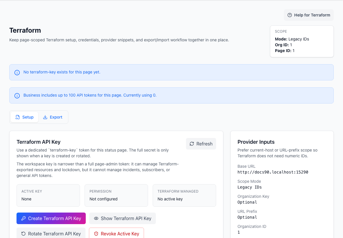 Terraform setup workspace with page scope, credentials, and governance controls